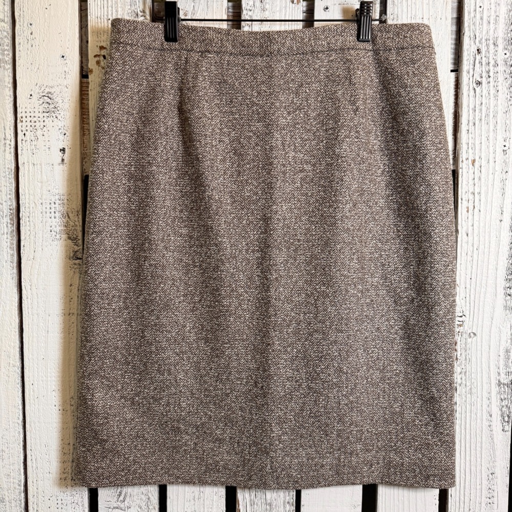 VTG Neiman Marcus Wool Blend Tweed Skirt Size 14 Brown Herringbone Fall‎ Career